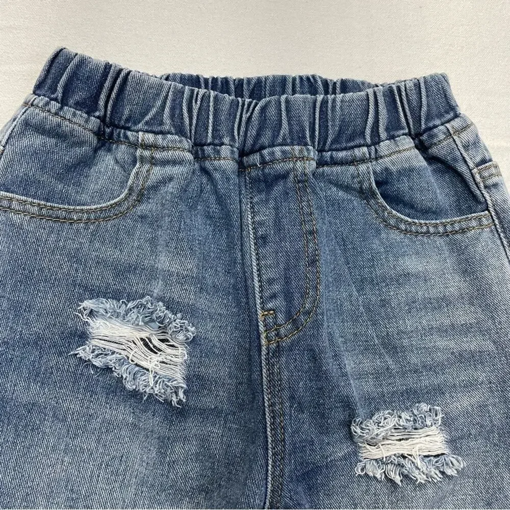 Trendy Littles Girls Distressed Jeans 6-7 Boyfriend Fit Raw Hem Elastic Waist